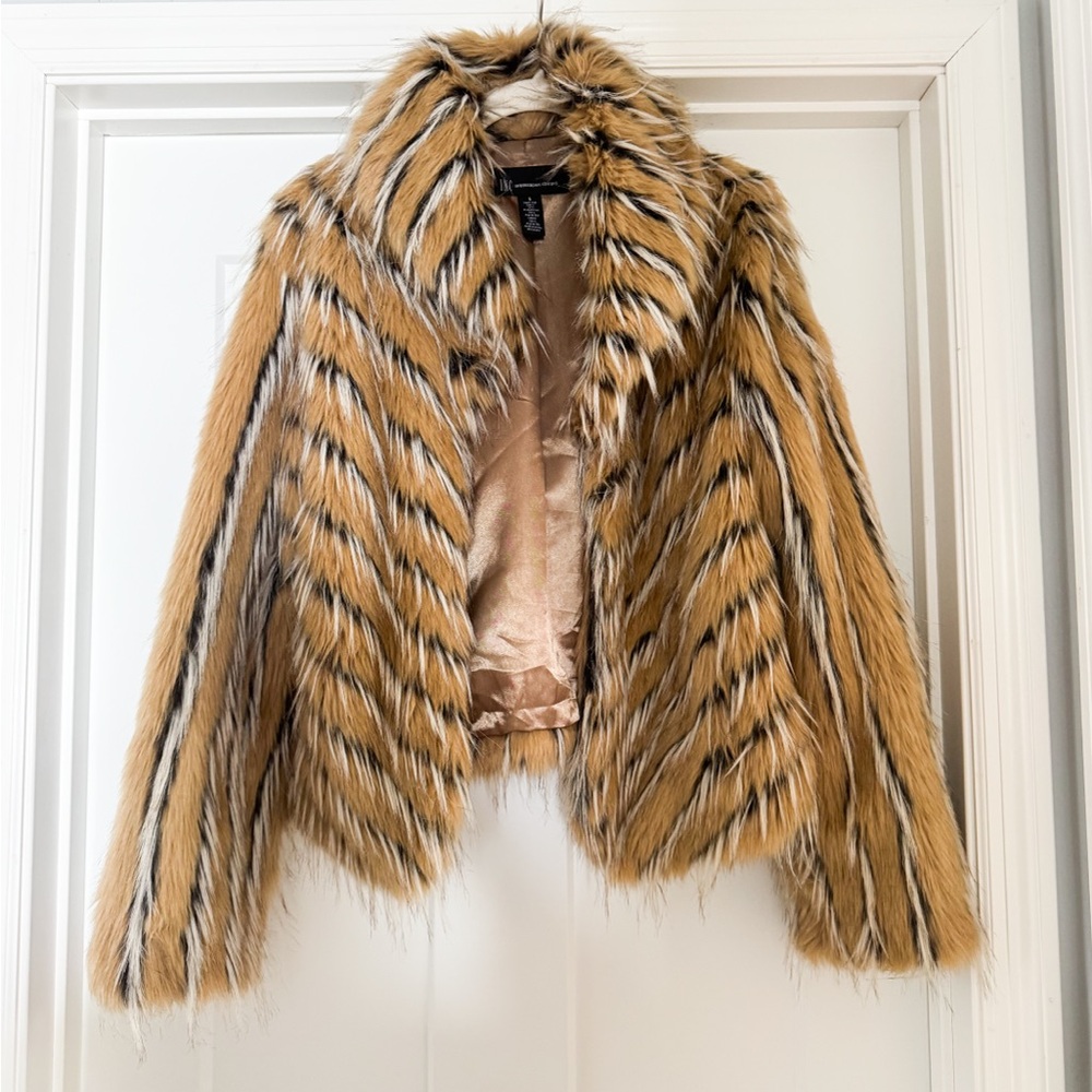 INC International Concepts Striped Faux-Fur Cropped Jacket in Tan, Black & Cream